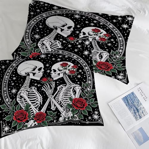 Image of Skull Roses Comforter Set Twin Size Gothic Bedding Set for Kids Adults Women, Skeleton Bones Vintage Flower Rose Quilt Bedroom Decor 1 Comforter 1 Pillowcase