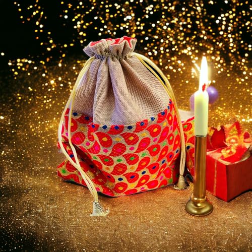 Image of KRIWIN Pack of 20 pcs Big Size Brocade & Jute Potli Gift Bags (23 X 18 cm) Red & Beigeb 500 gr capacity