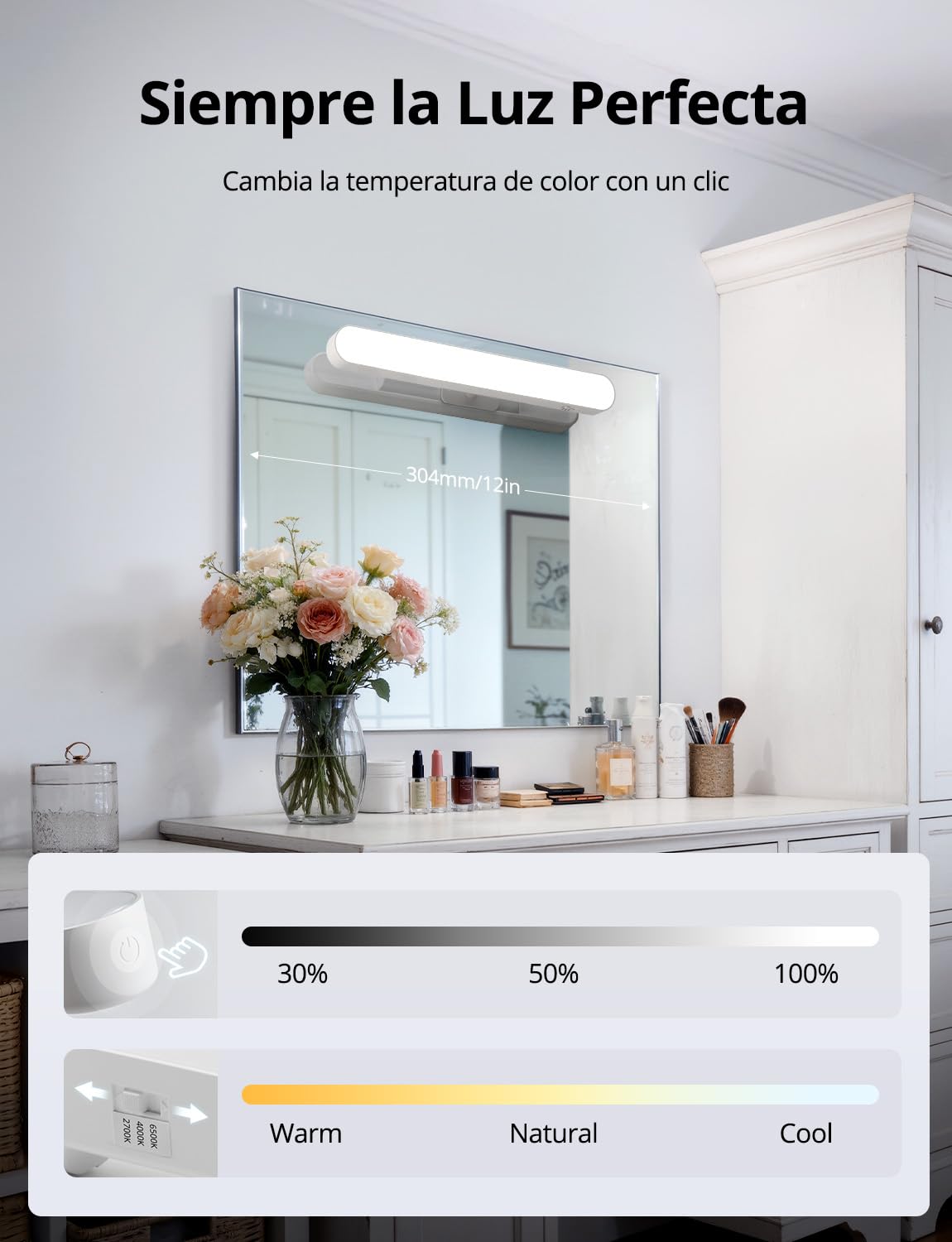 Combuh Luz para Tocador de Maquillaje Lues Espejo Baño Sin Cable Sin Instalación, Autonomía 14 Días 4000mAh Lampara LED Espejo Recargable con Usb 3 Temperaturas de Color Ajustables 2 Unidad