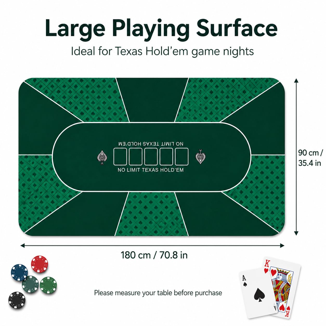 Tapis de poker professionnel Texas Hold'em - 180 x 90 cm - Tapis de poker de luxe - Housse de table de poker - Tapis de blackjack - Avec sac de transport pour une véritable sensation de casino (vert