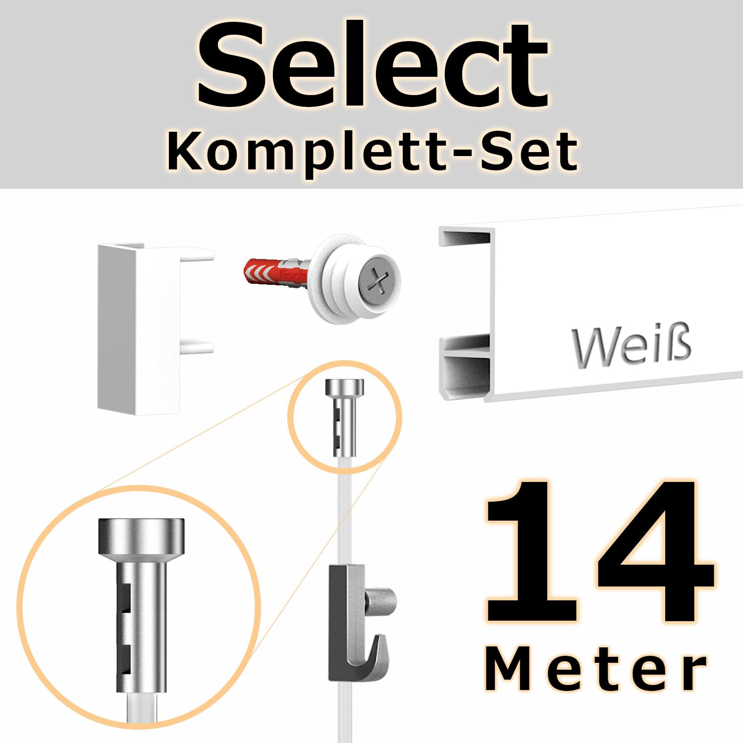 14 Meter Bilderschienen - Select - Komplett Set in Weiß von Hang-it