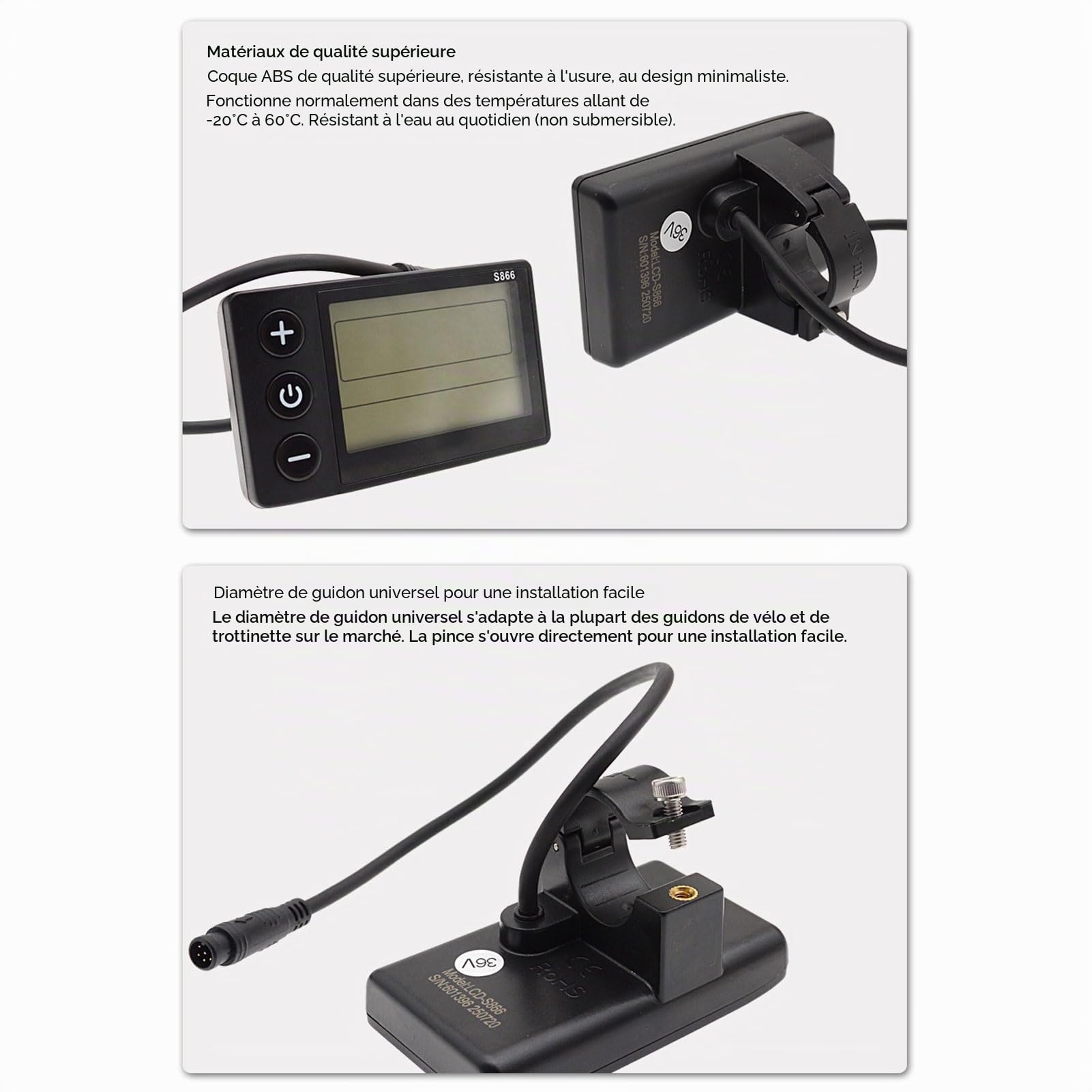 Écran LCD S866 ABS pour vélo électrique avec connecteur étanche à 6 broches pour modification de scooter