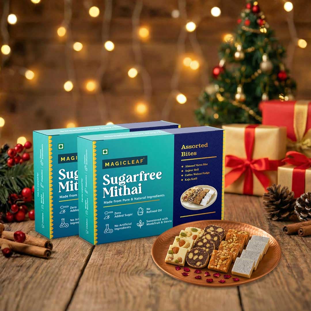 Magic Leaf Sugar Free Dessert Combo - 1 kg (Pack of 2, 500 gm Each), Kaju Katli, Coffee Walnut Fudge, Almond Mewa Bite & Anjeer Roll | Freshly Made Mithai Box, Sweetened with Stevia, No Refined Oil