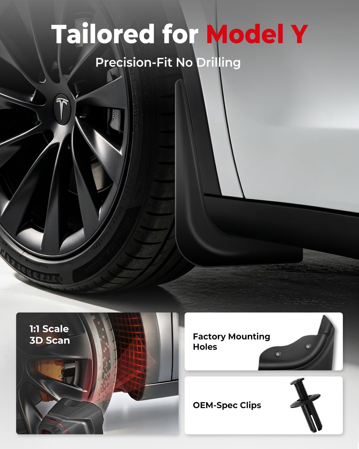 Mud Flaps for Tesla Model Y Accessories 2020-2024 Flexible TPE Won't Crack No Drill Splash Guards All Weather Paint Protection Mud Guards Set of 4 Black