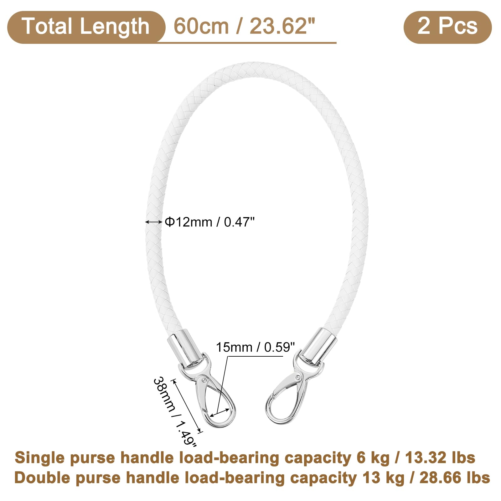 QUARKZMAN Tracolla in Pelle per Borsa, 2pz Manico di Ricambio Corto Intrecciata PU con Fibbie Metallo per Borsetta Fai da Te Borse a Mano (60cm, Cinturino Bianco + Chiusura Argento)