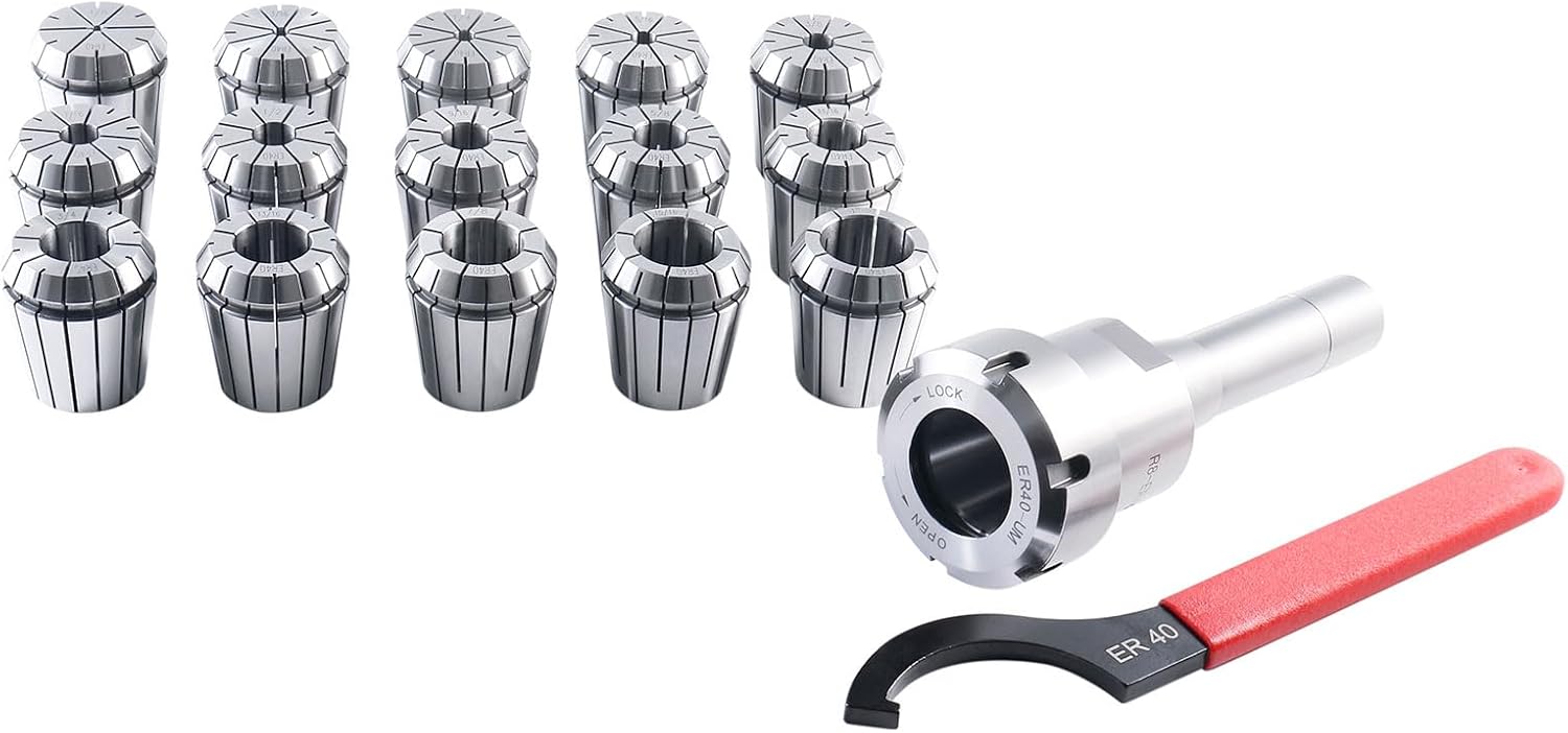 Accusize Industrial Tools - 15 Pc ER40 Precision Collet Set with R8 Bridgeport Shank Holder & Wrench, High Accuracy Tooling for Milling & Drilling, in Fitted Box, 0223-0984