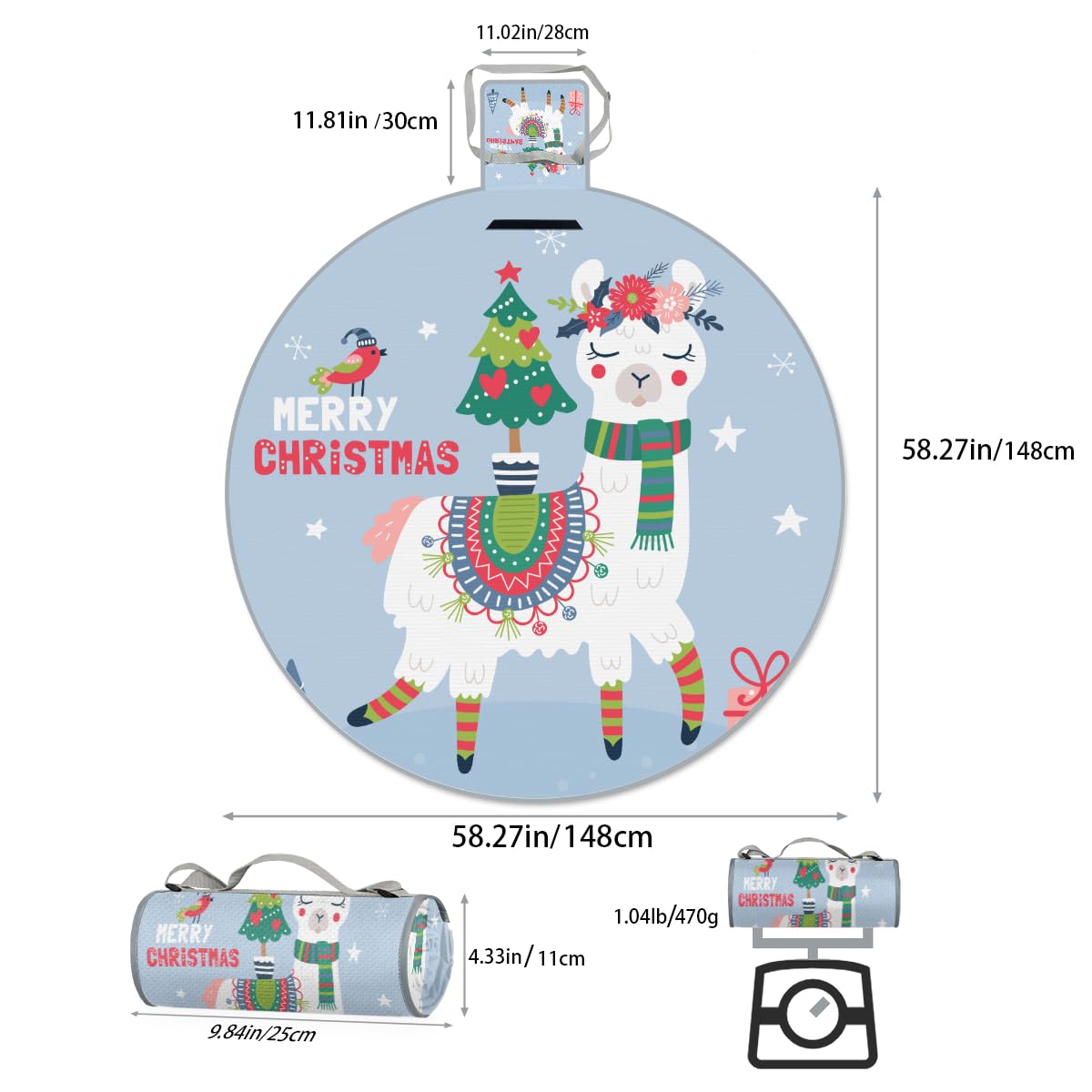 Shimoshe Christmas Alpaca Picnic Outdoor Blanket Foldable Waterproof Sandproof Beach Blanket Portable Water-Resistant Round Picnic Mat for Travel Camping Park Lawn A1