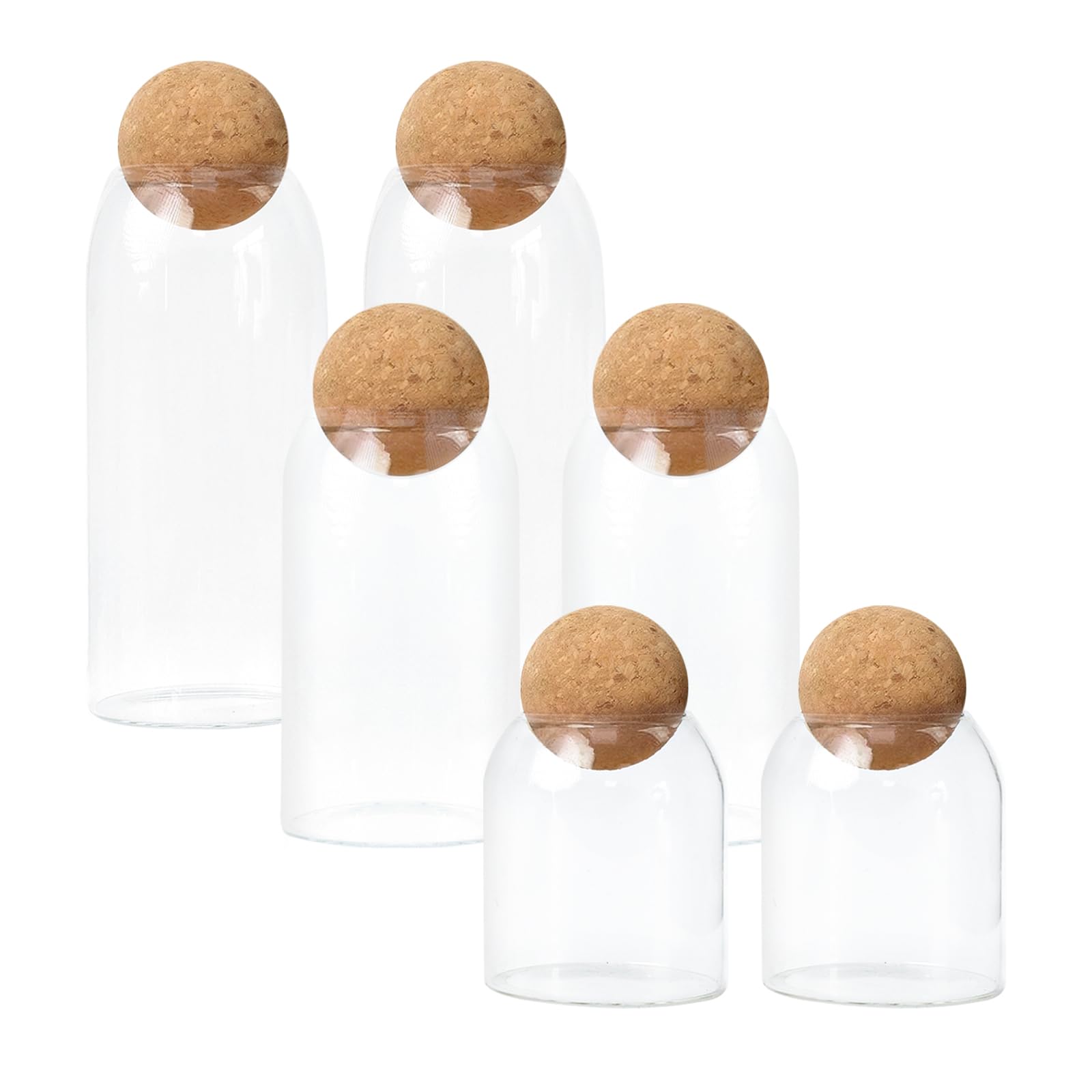 pantrytine Glass Jars with Cork Ball - Glass Tea Coffee Sugar Canisters - Cereal Storage Containers - Tea Sugar and Coffee Containers Set - Set of 6 Clear Glass Jars with Lids(300ml,500ml,800ml)