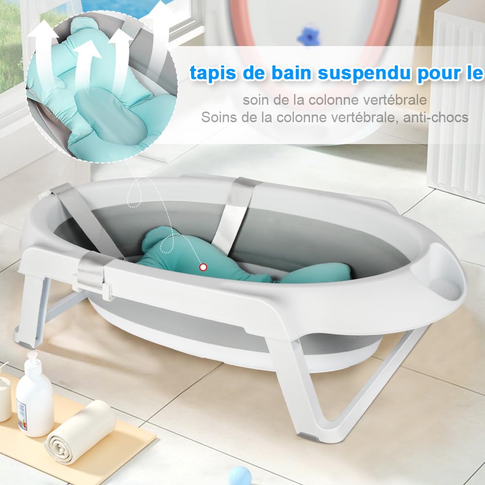 Baignoire Bébé Pliable XXL 2 en 1 sur Pied avec Support, Coussin, Drainage pour Nouveau-nés et Tout-petits (Gris)