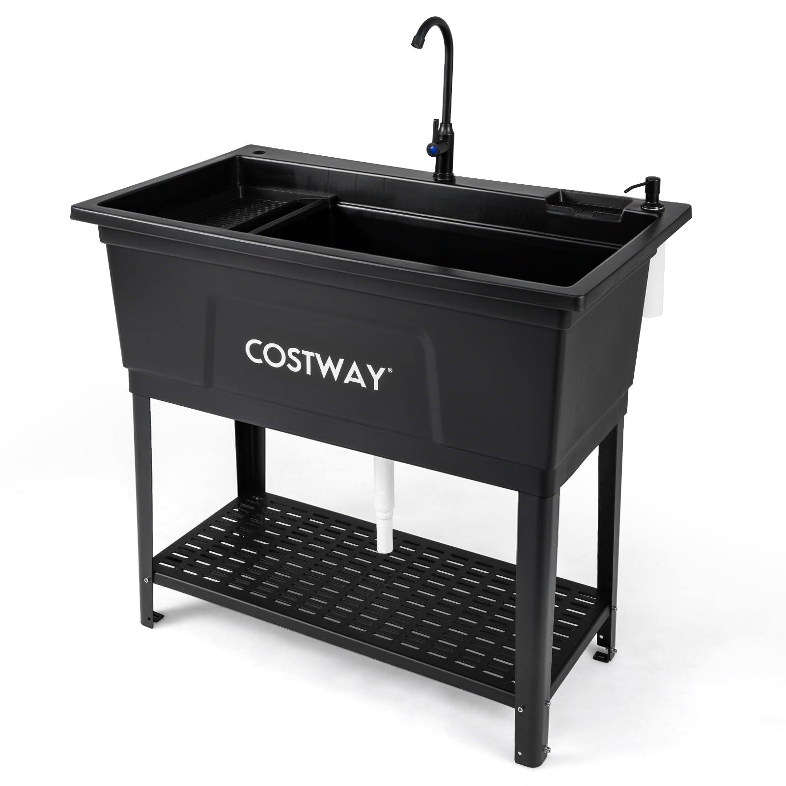 COSTWAY 100L Kitchen Sink, Free Standing Catering Sink with Rotating Faucet, Storage Shelf, Drip Tray, Adjustable Legs, Drainage, Single Bowl Utility Sink for Laundry Garage Restaurant Outdoor, Black