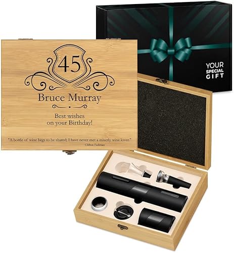 Maverton Accesorios de vino para cumpleaños - Set de vino personalizado para hombre - Kit de apertura con abridor eléctrico - Caja sobreimpresa -