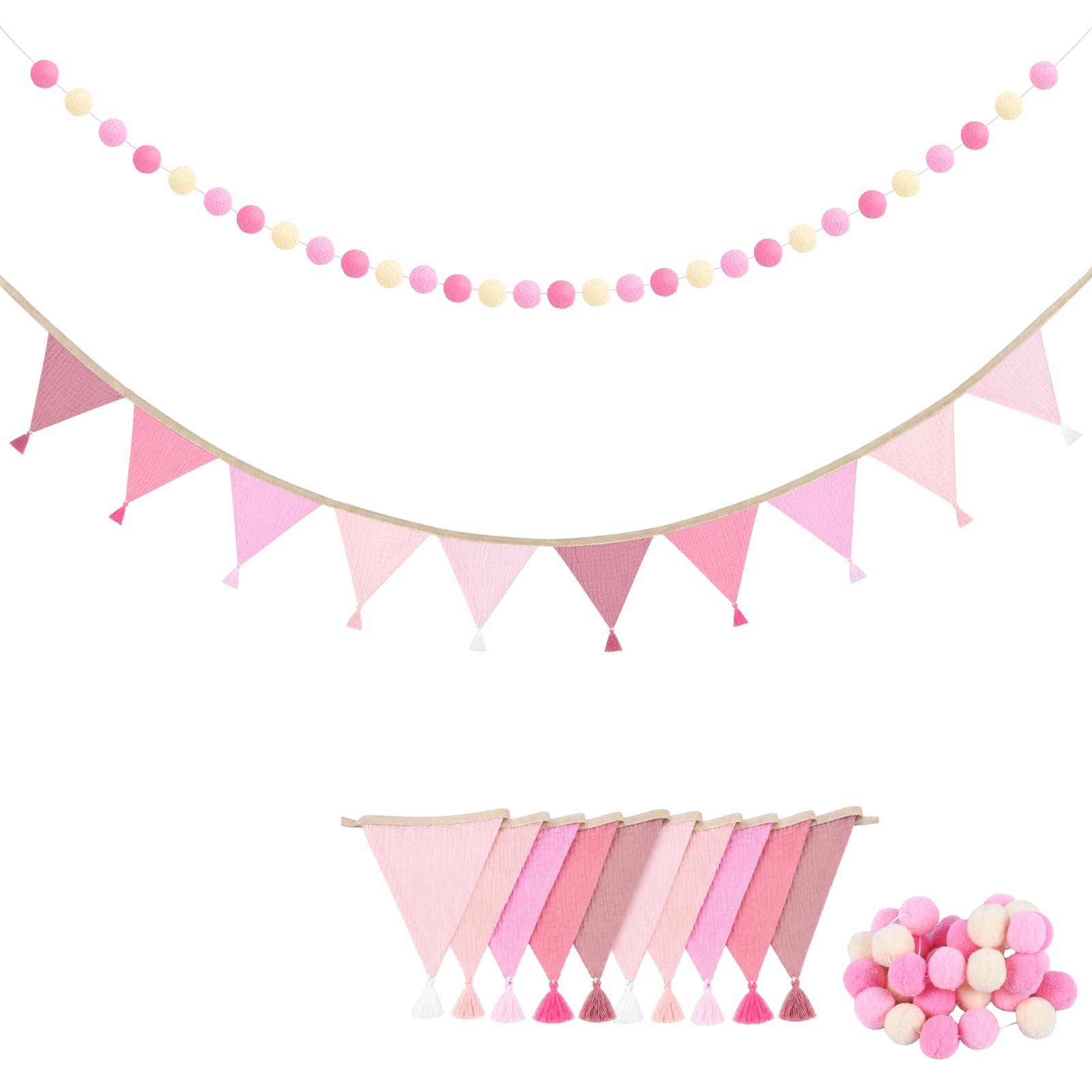 Fohuanky Fabric Bunting and Felt Ball Garland for Nursery Decoration