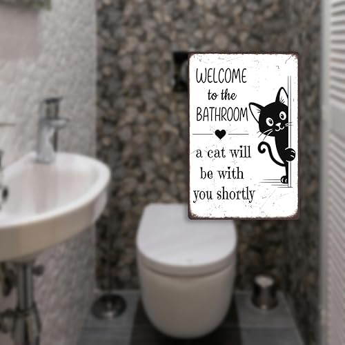 Miniatura 6 de Divertida decoración de baño – Welcome to the Bathroom A Cat Will Be With You Shortly – Cartel de metal de gato negro para baño, inodoro o tocador,