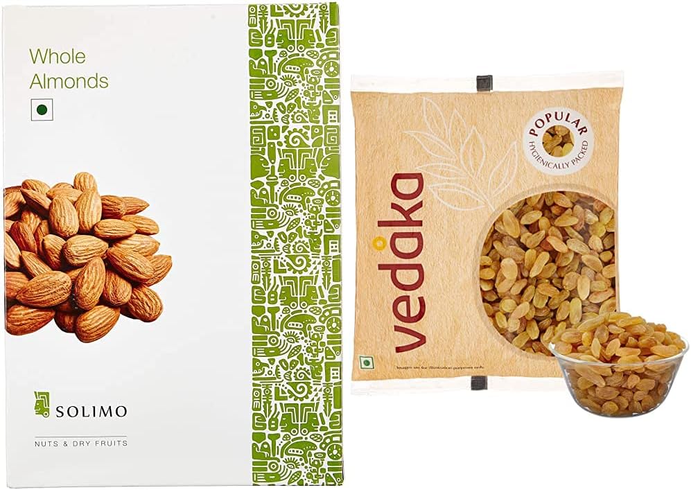 Amazon Brand - Solimo Premium Almonds, 250g & Amazon Brand - Vedaka Popular Raisins, 500g Combo