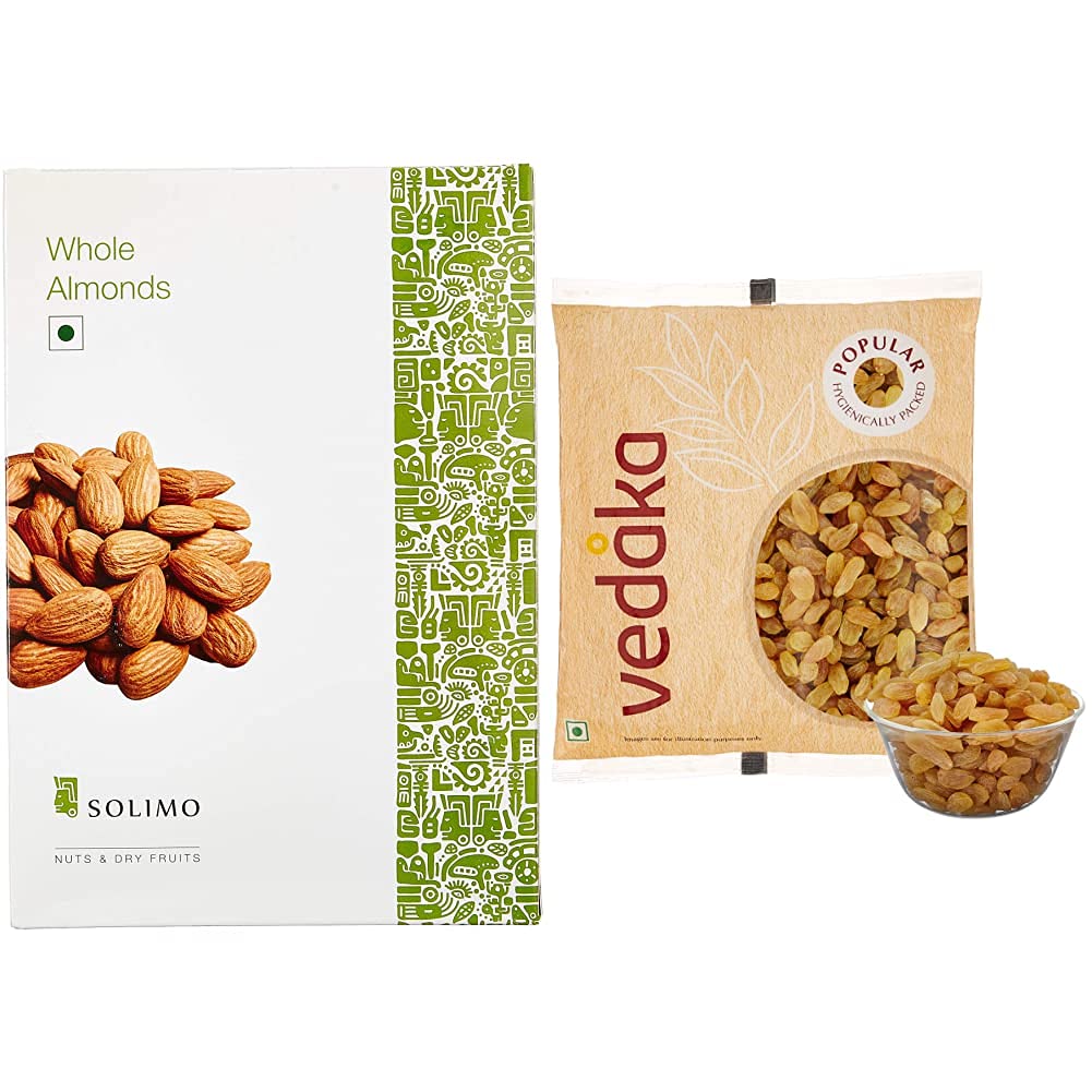 Amazon Brand - Solimo Premium Almonds, 250g & Amazon Brand - Vedaka Popular Raisins, 500g Combo