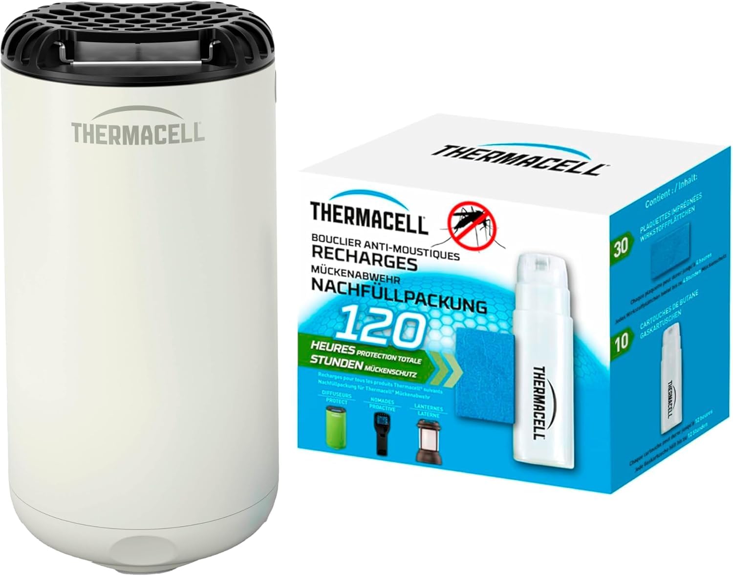 THERMACELL Diffuseur Anti Moustiques et Moustiques Tigres - Extérieur - sans Fil Nomade - Zone de Protection 20m² - Effet Rapide - Inodore - Recharges 120h - 10 Cartouches Gaz + 30 Plaquettes - Blanc