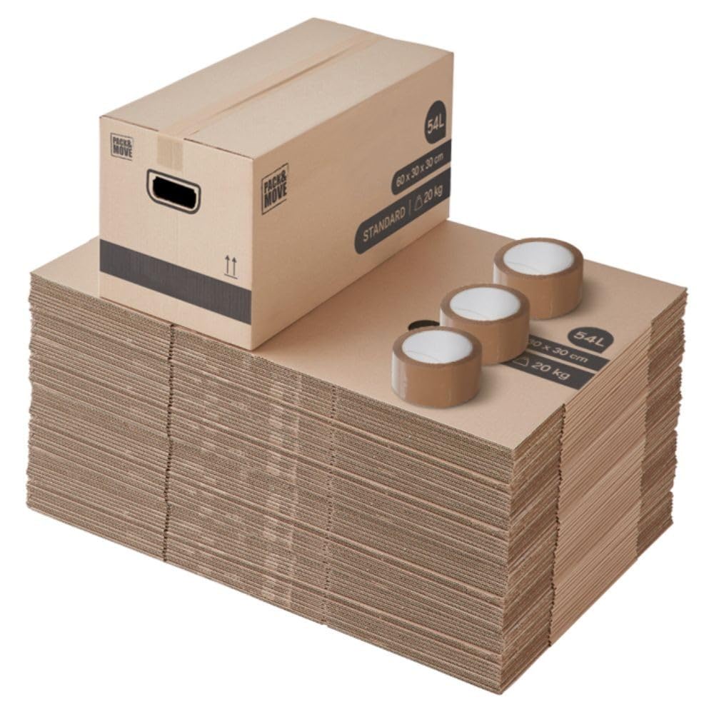 Pack and Move - Lot 60 cartons déménagement stockage standard - 60 x 30 x 30 cm - Poignées renforcées - 3 adhésifs offerts