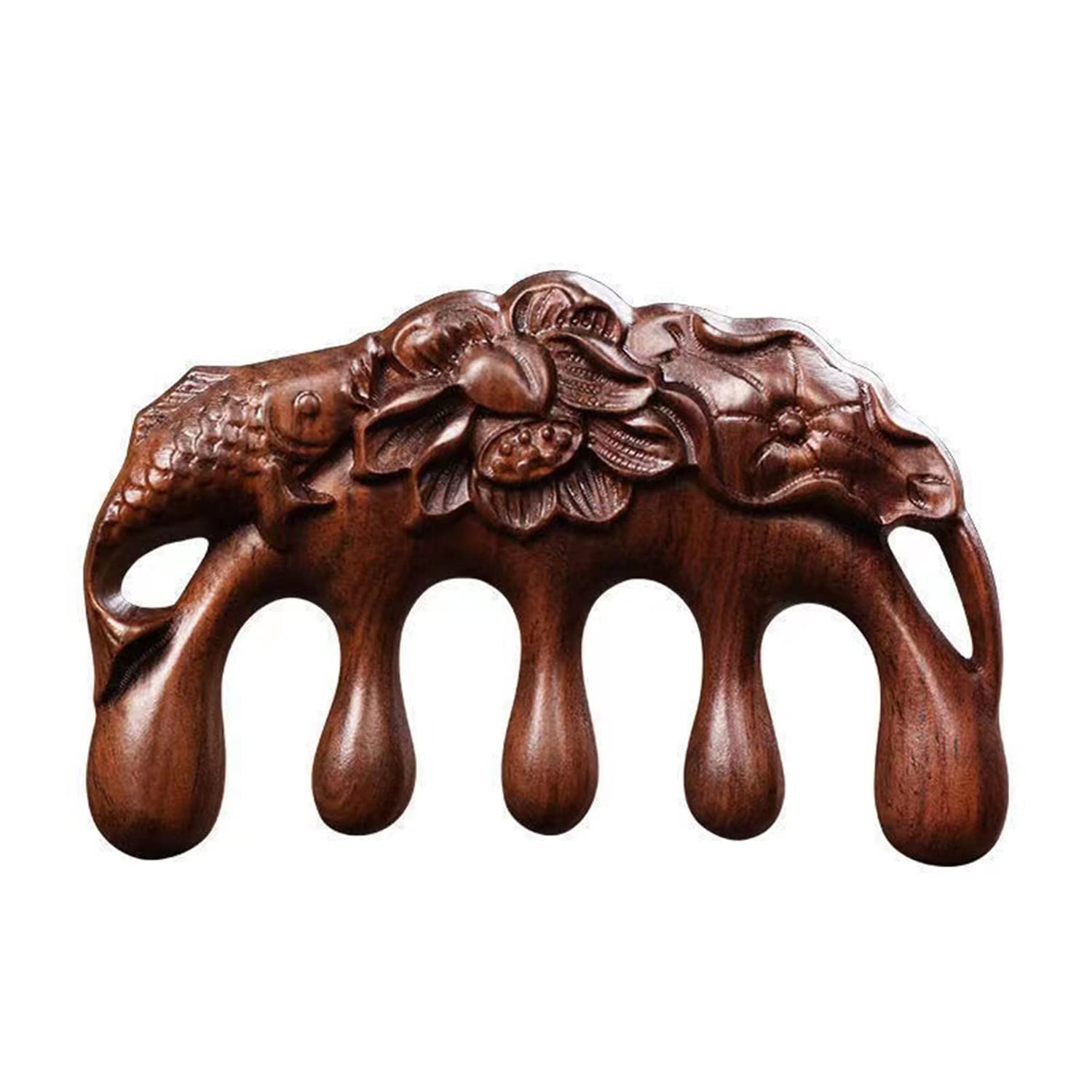 100% Natural Handmade Pure wood Five-tooth meridians comb portable gold wire sandalwood comb wide tooth head scalp meridians scraping massage comb Wooden Comb for Men and Women (Lotus Fish)