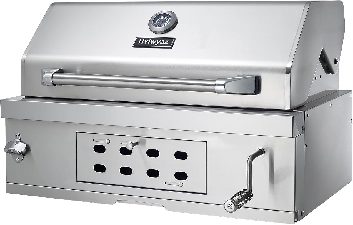 28 Inch Built In Charcoal Grill, 304 Stainless Steel, Liftable Tray | Dual Cooking Grates, Insulated Hood, Temperature Gauge & Air Vents for Outdoor Kitchen Islands, Patios and Family BBQ Parties