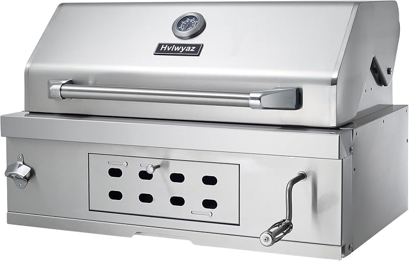 28 Inch Built In Charcoal Grill, 304 Stainless Steel, Liftable Tray | Dual Cooking Grates, Insulated Hood, Temperature Gauge & Air Vents for Outdoor Kitchen Islands, Patios and Family BBQ Parties