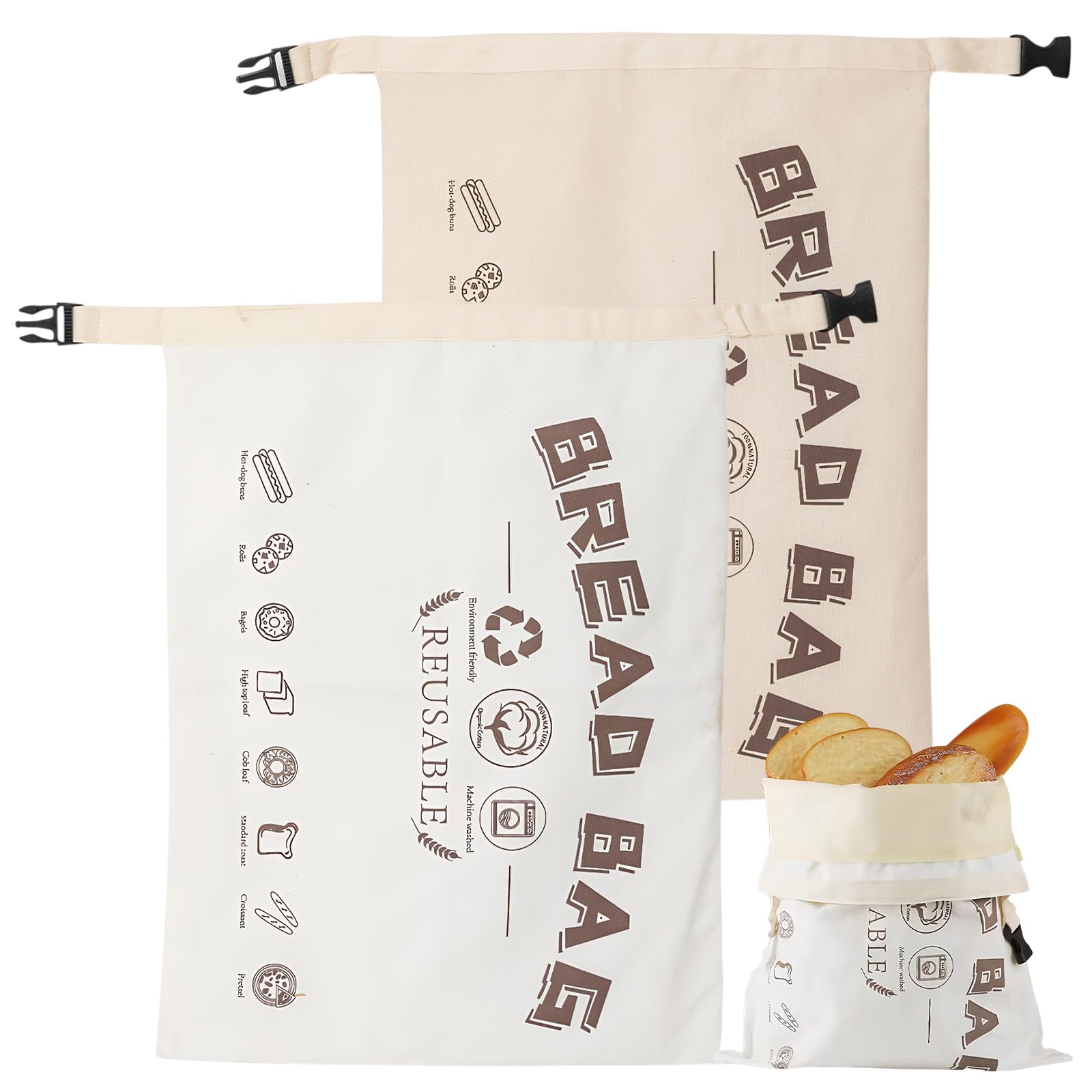 2 Pcs Reusable Beeswax Bread Bag with Buckle, Large Capacity Beeswax Bread Bags for Homemade Bread Sourdough, 17x13in