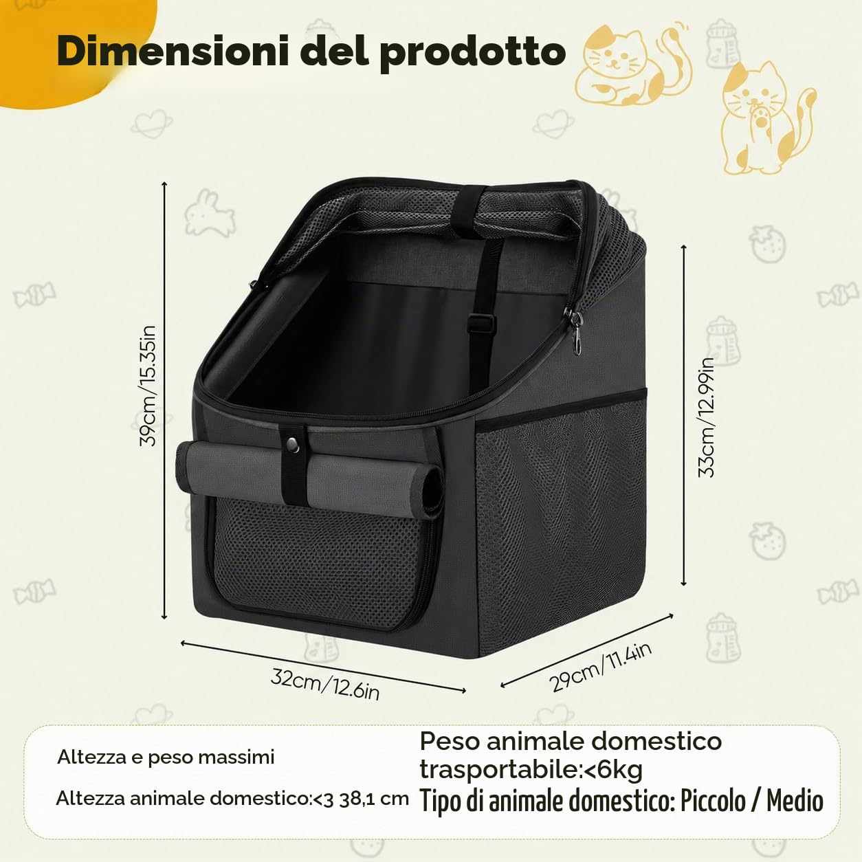 Cestino anteriore per bicicletta per cani, 4 in 1, fino a 6 kg, borsa da bicicletta pieghevole per animali domestici, con finestre in rete e cintura di sicurezza, borsa da viaggio per cani e gatti di