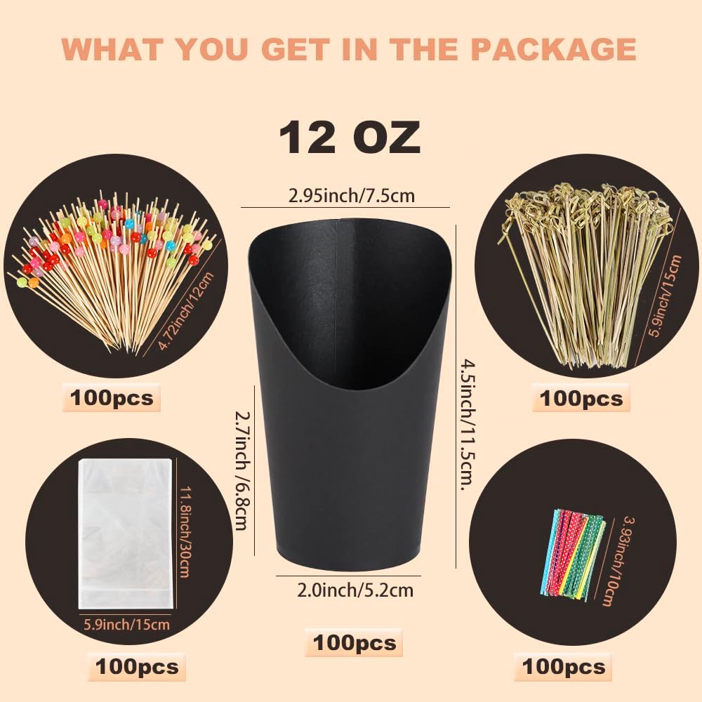 100pcs 12oz Charcuterie Cups Black, 200pcs Cocktail Sticks + 100pcs Bags, Disposable Charcuterie Cups with Sticks, Paper French Fry Cup Individual Charcuterie Cup for Snacks, Appetizer