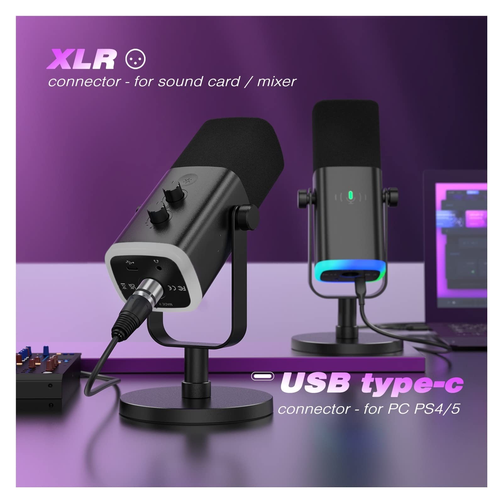 Micrófono dinámico USB/XLR con botón de silencio táctil y conector para auriculares para PC, PS4/5, mezclador, juegos, ideal para grabación y duplicación