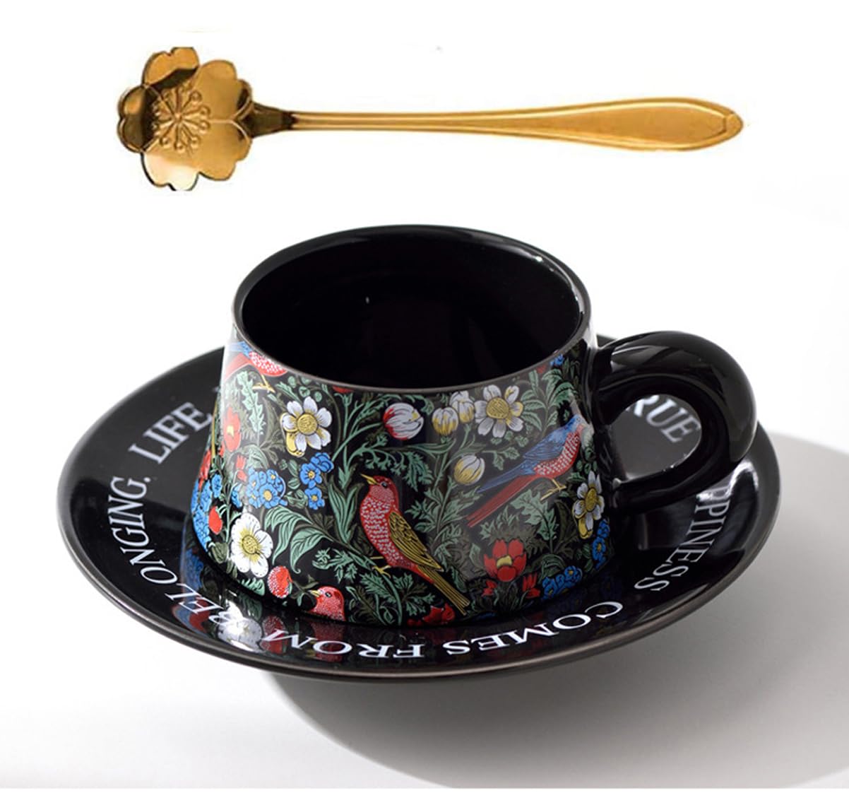 Eplze YBK Tech Morris Style Ceramic Cup and Saucer Set, 9oz Teacup with Saucer- Birds and Floral Pattern (Black)