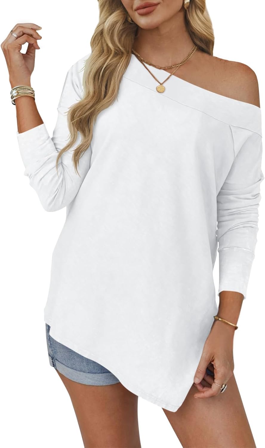 Tankaneo Womens Off The Shoulder Tops Casual Long Sleeve T Shirts Irregular Hem Split Tunics Loose Fall Blouse Shirt