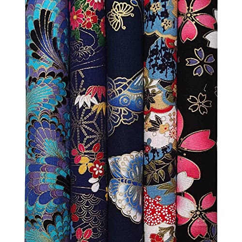 Qililandiy 5PCS Cotton Pattern Fabric Fabric Bundles Small Flower Pattern Japanese Style Fabric for Crafts Sewing Quilting Patchwork Face Protection (Gold Firework) - Thumbnail 5