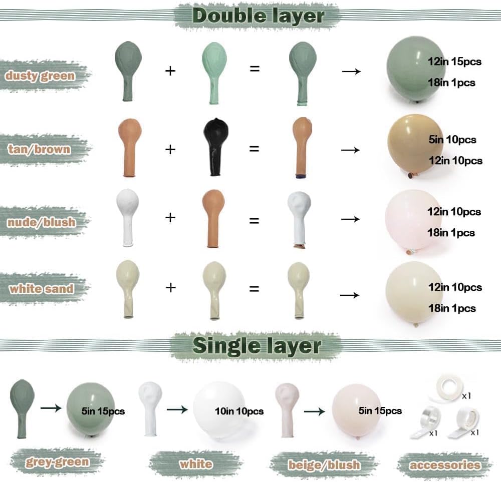 Dusty Green Nude Balloon Garland Double Stuffed Blush Brown Cream Sand White Neutral Matte Balloon Arch Kit for Baby Shower Wedding Birthday Gender Reveal Woodland Party Decoration