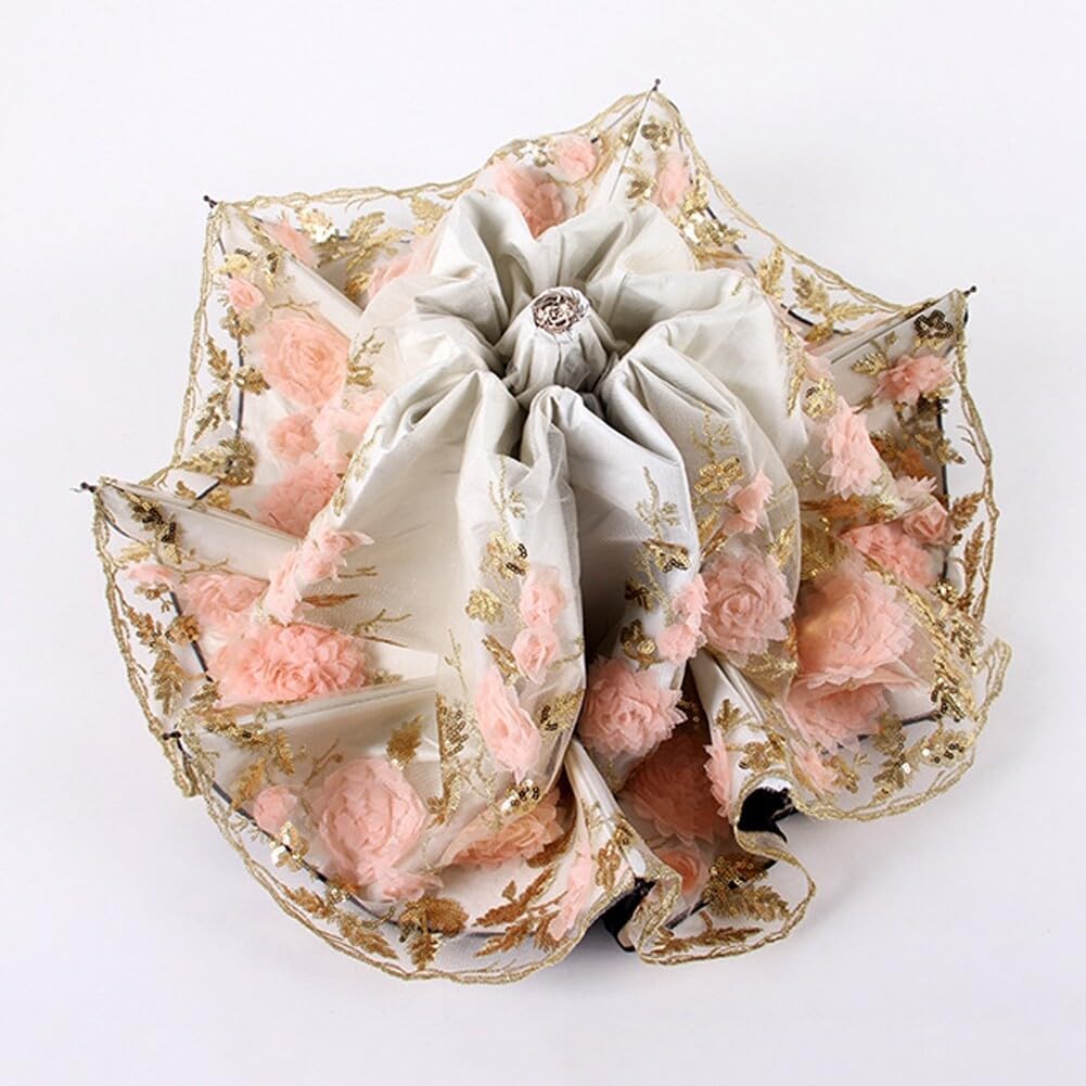 Katutude Lace Parasol Umbrella Victorian Decorative Umbrellas for Bridal Shower Wedding Party 3D Flower Embroidery Umbrella Sun Proof Folding Umbrella Compact Windproof Rain Umbrella with Storage Bag
