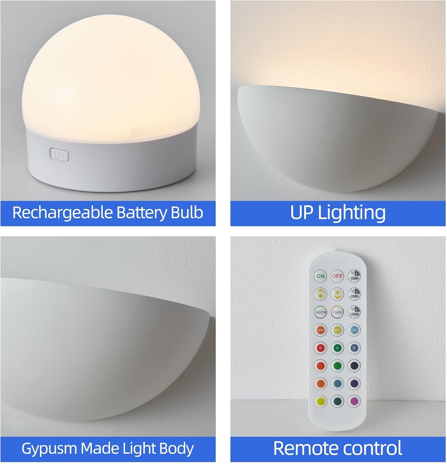 2 Pack Repaintable Battery Operated Wall Sconce, Minimalist Half-Sphere Gypsum Rechargeable Wall Light with 5000mAh Dimmable Magnetic Bulb Remote, 12 RGB Colors Wireless Wall Lamp for Hallway Decor