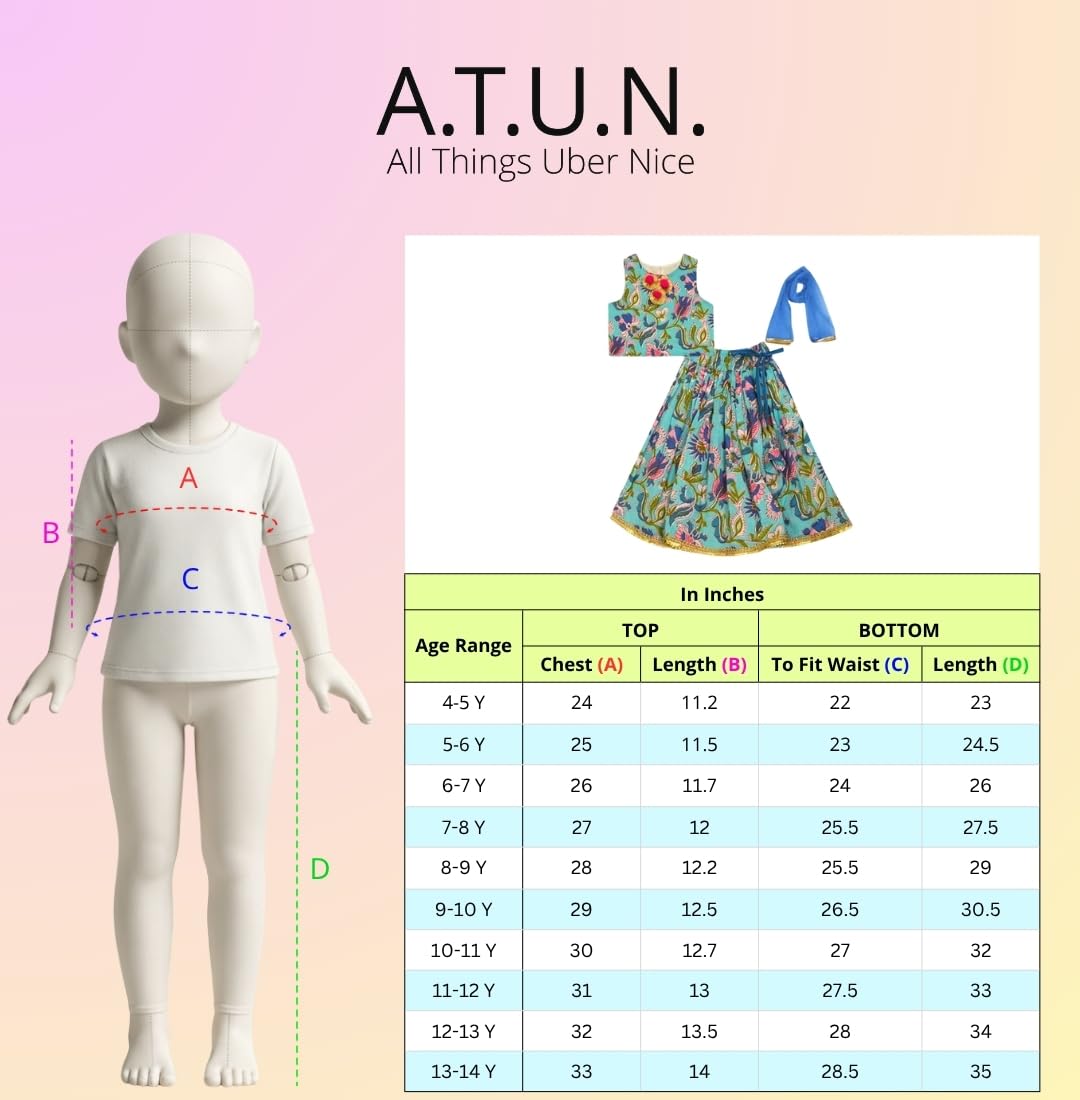 A.T.U.N. (ALL THINGS UBER NICE) Lehenga Choli - Set da ragazza in cotone etnico floreale con pizzo e Dupatta, tradizionale vestito festivo in 3 pezzi per bambini