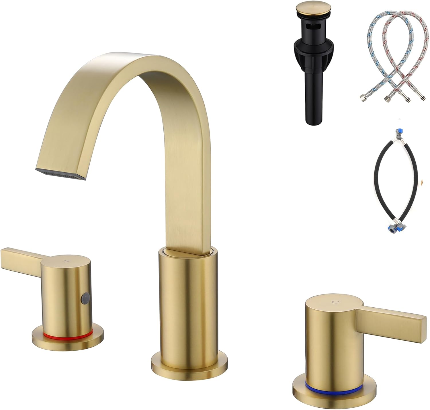 Brushed Gold Bathroom Faucets 3 Hole, 8 Inch Widespread Waterfall Bathroom Sink Faucet, 2 Handles Vanity Faucet with Pop-up Drain and Supply Hose SE-0018-BG