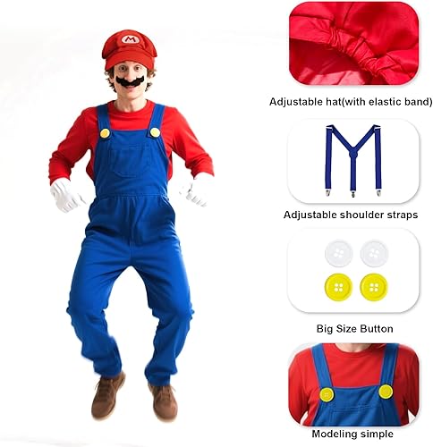 Miniatura 5 de Juego de 4 disfraces de Halloween de Super Bros para adultos, accesorios de sombreros de Super Bros Mary Luigi, gorras, bigotes, tirantes, guantes