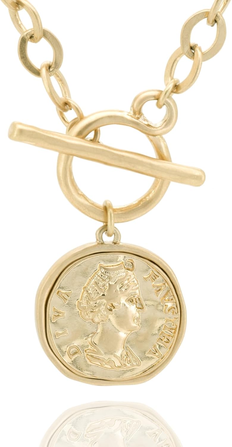 Chunky Gold Coin Necklace for Women, 18K Gold Plated Toggle Chain