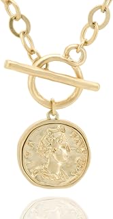 Chunky Gold Coin Pendant Necklace Trendy Layered Statement Chain for Women, Antique Toggle Design with Thick Link, Fashionable Necklaces for Women