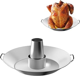 GLOWYE Beer Can Chicken Stand with Large Roasting Pan and Handle, Vertical Beer Butt Chicken Turkey Holder for Oven Grill Barbecue and Smoker, BBQ Roaster Cooker Rack Accessories, Stainless Steel