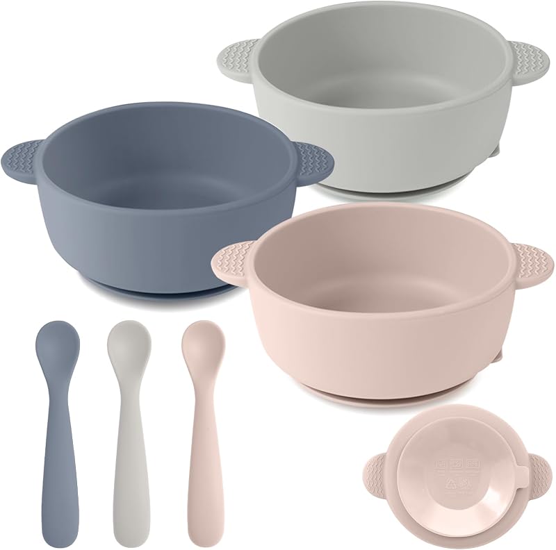 Eascrozn Paquete de 3 tazones para bebé con succión y cucharas para bebé, sin BPA | Juego de alimentación de silicona para bebés, utensilios para bebés, suministros de alimentación para bebés, niños pequeños, aptos para microondas y lavavajillas