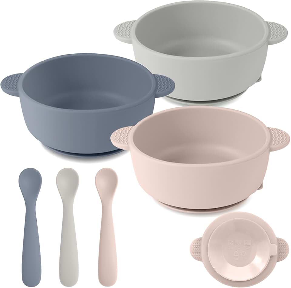 Eascrozn 矽膠 嬰兒 餵食 套, 3 包裝 嬰兒 Bowls 含 Suction 與 3 包裝 嬰兒 Spoons 適用於 Babies Toddlers 孩童, 不含BPA, 嬰兒 餐具 餵食 Supplies, Microwave 與 Dishwasher 安全