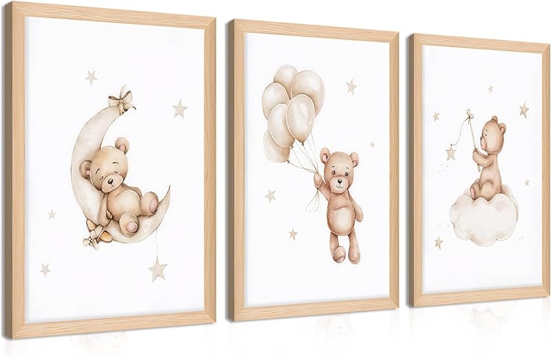 Framed Teddy Bear Wall Art Nursery Decor Set of 3, Bear Sleeping on The Moon and Stars Pictures Canvas, Neutral Bears Poster Prints Wall Decor for Kids Baby Room Girls Children Room – 12x16 inch