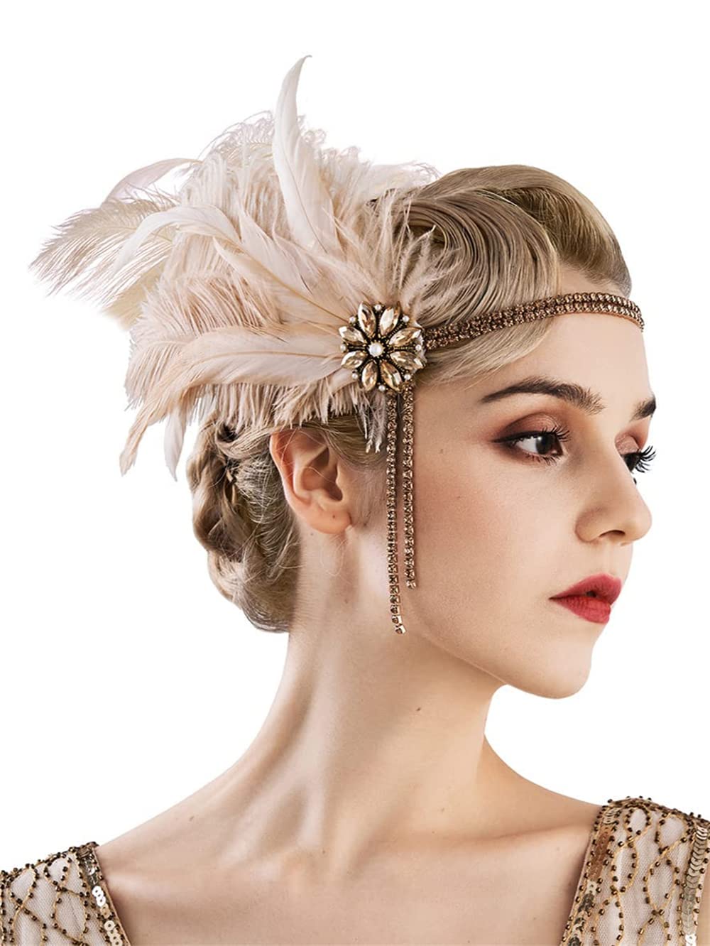 1920s Headpiece Flapper Headband, Rhinestone Pearl Feather Hair Band Great Gatsby Headpiece Accessoreis for Women, Art Deco Headpiece