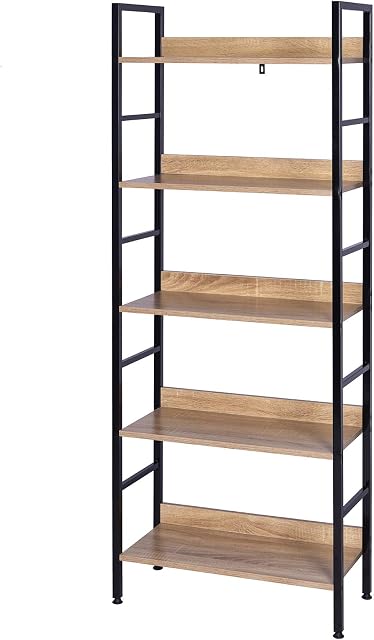 eSituro Heavy Duty 5-Tier Storage Shelves Ladder Bookshelf Industrial Bookcase Shelving Unit Stand with Black Metal Frame Light Oak Wooden Shelves 60x27.5x160CM SSTR0043