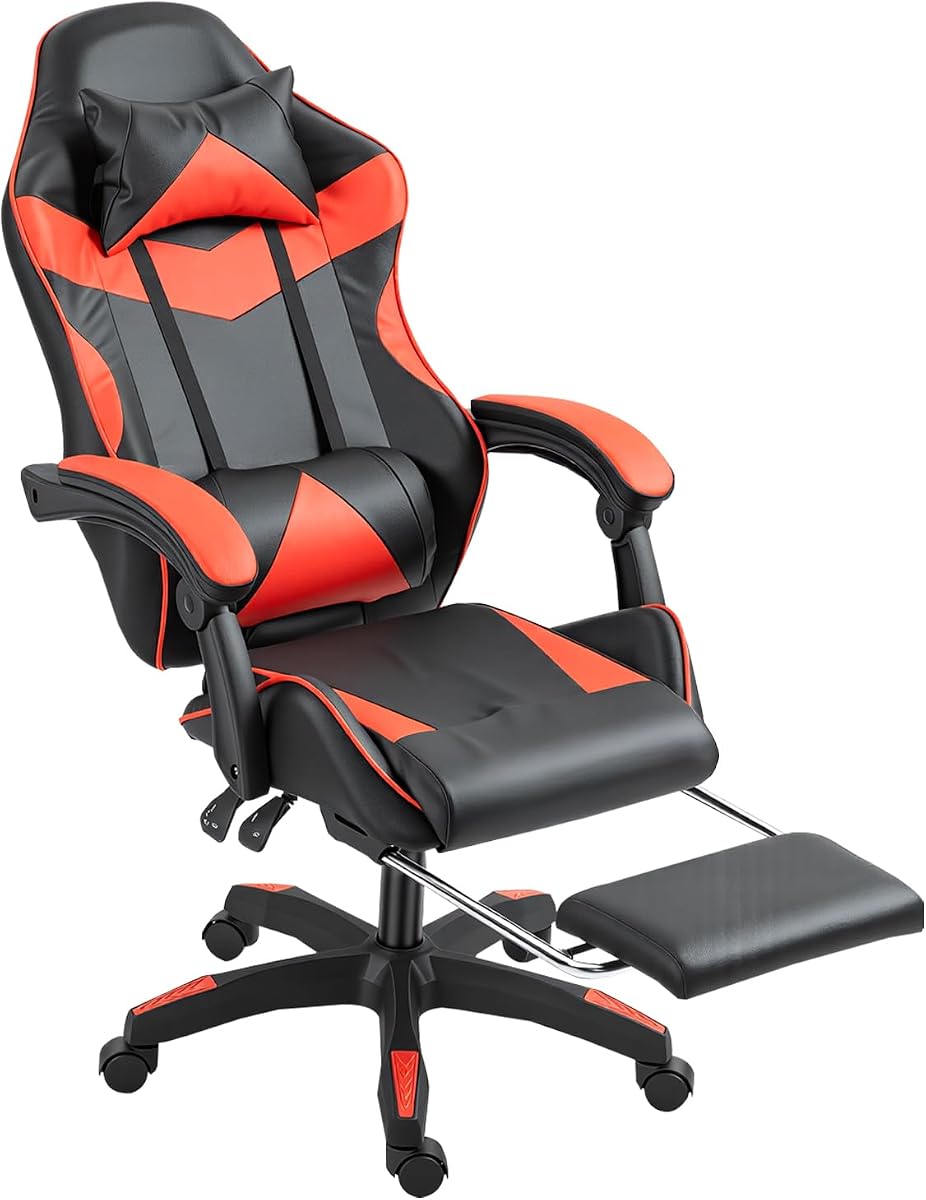 Panana Gaming Chair Racing Gas Lift Swivel High Back Ergonomic Chair with Lumbar Support & Footrest (Red)