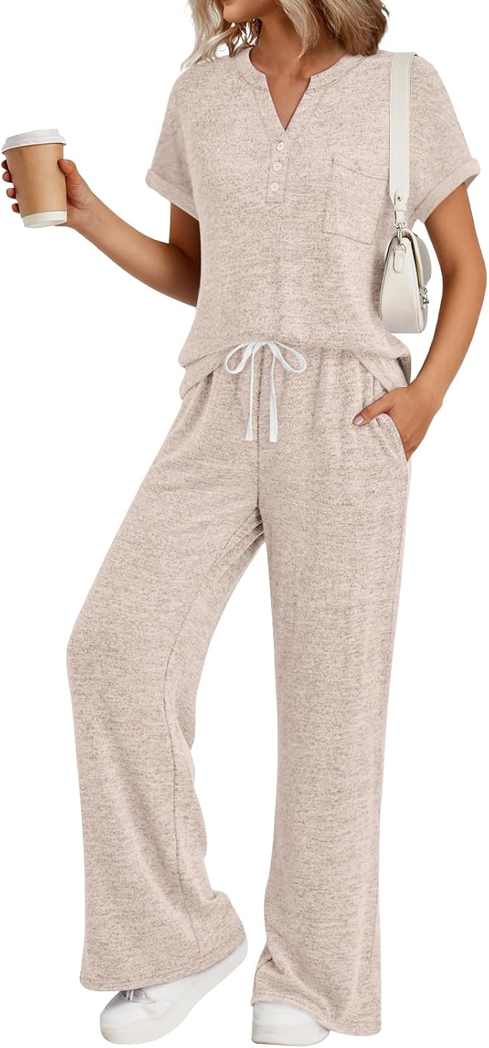 Trendy Queen 2 Piece Lounge Sets for Women Summer 2026 Henley Sweatsuit Travel Vacation Airport Outfits Pajamas Sets