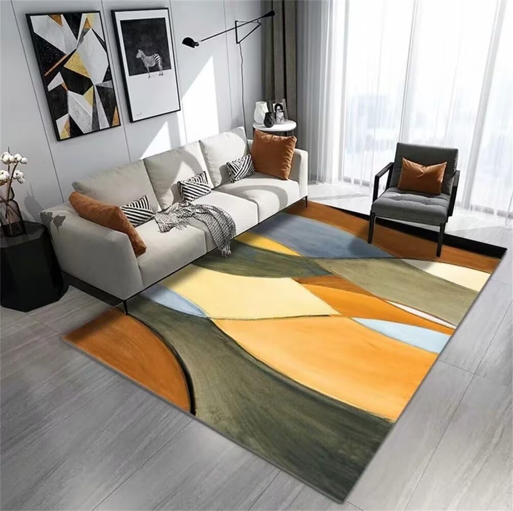 Descente de lit salon pas cher 200x300cm en textile abstrait bleu jaune marron