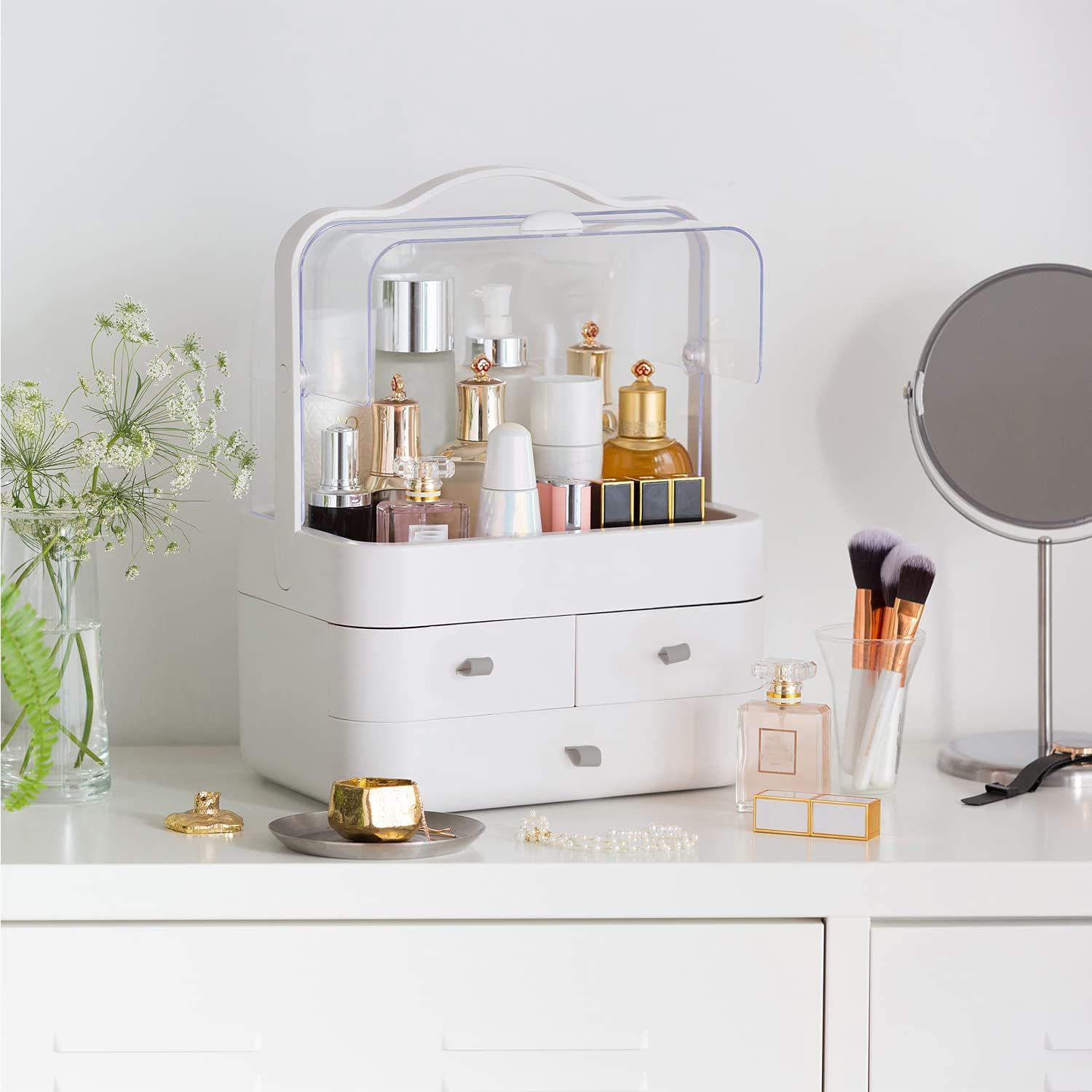 Radiant Youth Makeup Organizer, Modern Cosmetic Organizer Makeup Storage Holder, Display Make up Caddy Shelf Organization Boxes Case Dustproof w/Handle and Drawer on Countertop