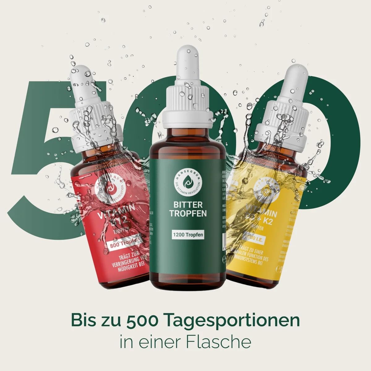 Hansegrün - Kennlernset Vitamine D3K2 (30ml), B12 (30ml) & Bittertropfen (50ml) - Immunsystem¹ - Verringerung Müdigkeit² - Energiestoffwechsel⁵ - Ideal gegen Heißhunger & für das Wohlbefinden